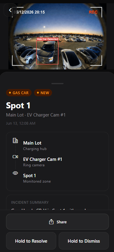 ChargeEnforcer detecting a gas car in an EV charging spot with object detection overlay